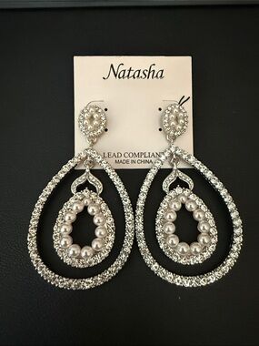 Natasha Couture Silver Crystal & Pearl Teardrop Statement Earrings